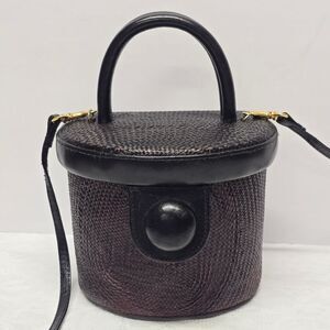 Vintage Earthly Treasures Top Handle Brown Straw Bucket Bag Boho Coastal